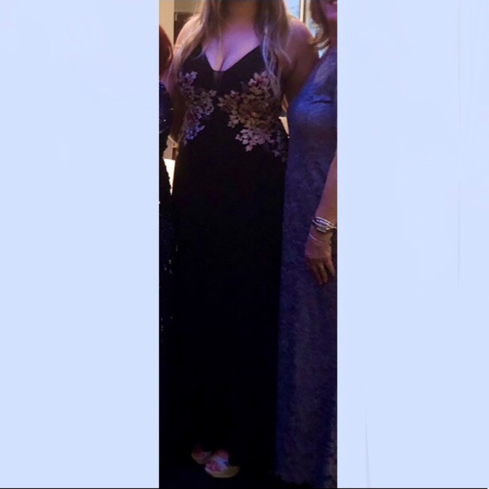 Embroidered Jersey floor length gown w/mesh detail